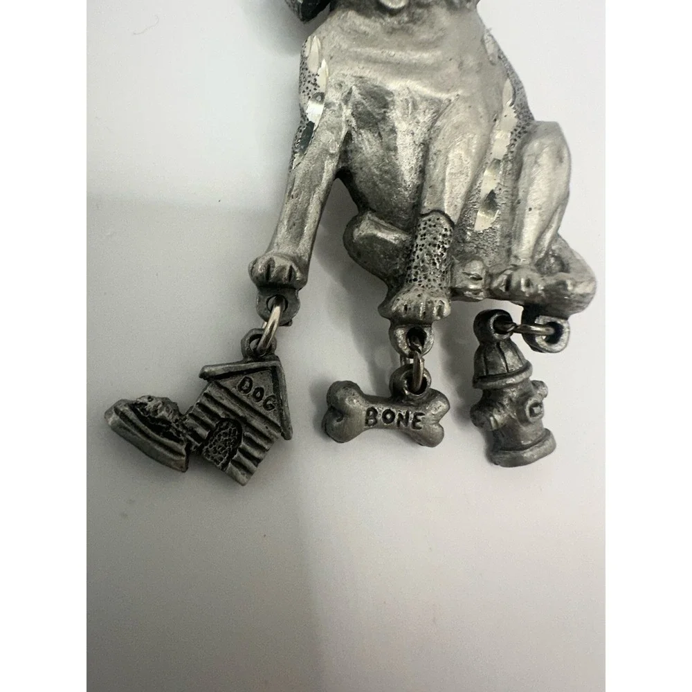 VINTAGE Pewter DOG BROOCH PIN Dangle CHARMS Doghouse Bone PUPPY Signed Spoon
